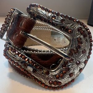 BB Simon Brown and White Cowhide Leather Swarovski Crystal Belt
